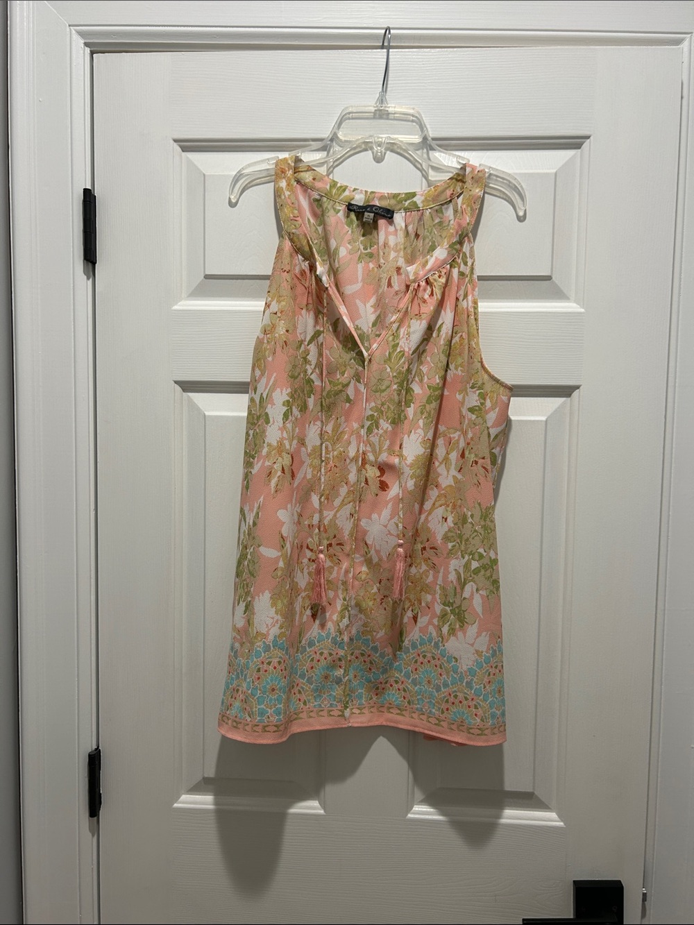 Rose & Olive Pink Floral Sleeveless V-Neck Tank with Teal Border